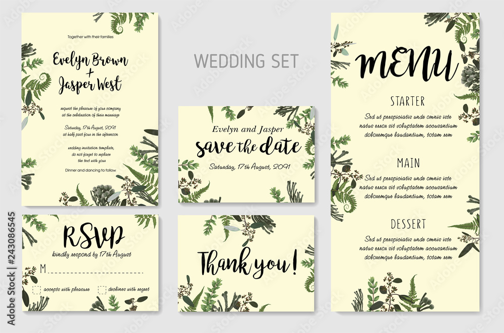 Wedding Invitation, floral invite, thank you, rsvp card design. Eucalyptus, forest fern, herbs, eucalyptus, branches boxwood, buxus, brunia, botanical green, decorative frame print. Vector elegant