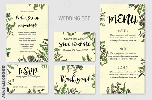 Wedding Invitation, floral invite, thank you, rsvp card design. Eucalyptus, forest fern, herbs, eucalyptus, branches boxwood, buxus, brunia, botanical green, decorative frame print. Vector elegant