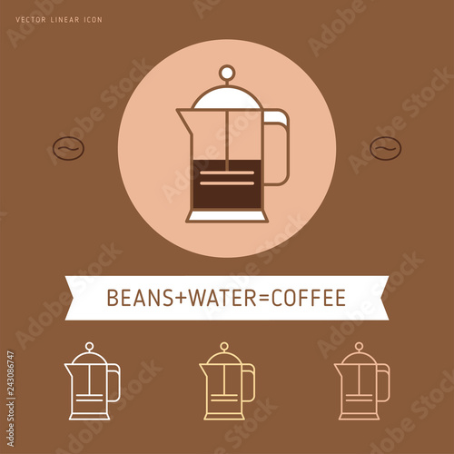 Coffee icon and linear coffeeshop badge in outline style with trendy thin line emblem for cafe sign, coffee house, the symbol for the app.
