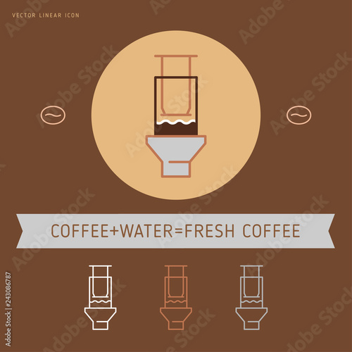 Coffee icon and linear coffeeshop badge in outline style with trendy thin line emblem for cafe sign, coffee house, the symbol for the app.