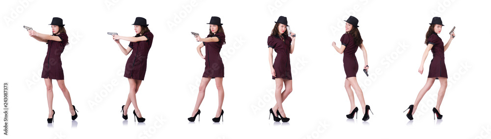 Woman gangster with handgun on white Woman gangster with handgun on white