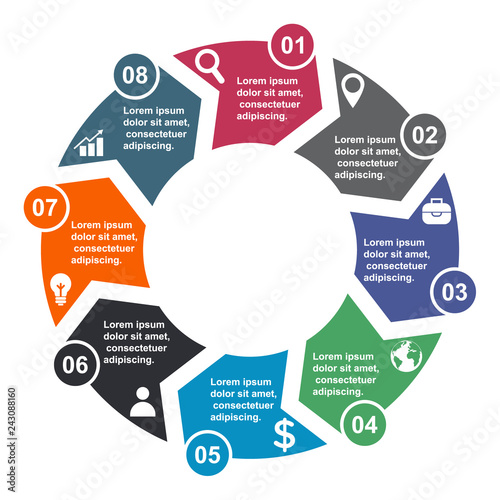 8 step vector element in eight colors with labels, infographic diagram. Business concept of 8 steps or options with empty