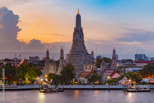 Arun temple river front with beauty sunlight sky background, Bangkok Thailand landmark