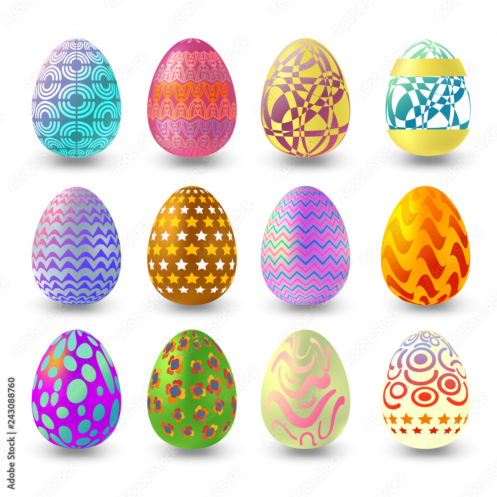 Set of easter eggs with different pattern isolated on white background with shadow Set of easter eggs with different pattern isolated on white background with shadow