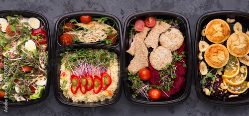 Take away food, variety of healthy meals top view photo