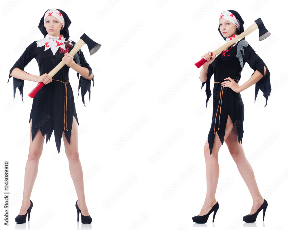 Young beautiful nun with hatchet isolated on white Young beautiful nun with hatchet isolated on white