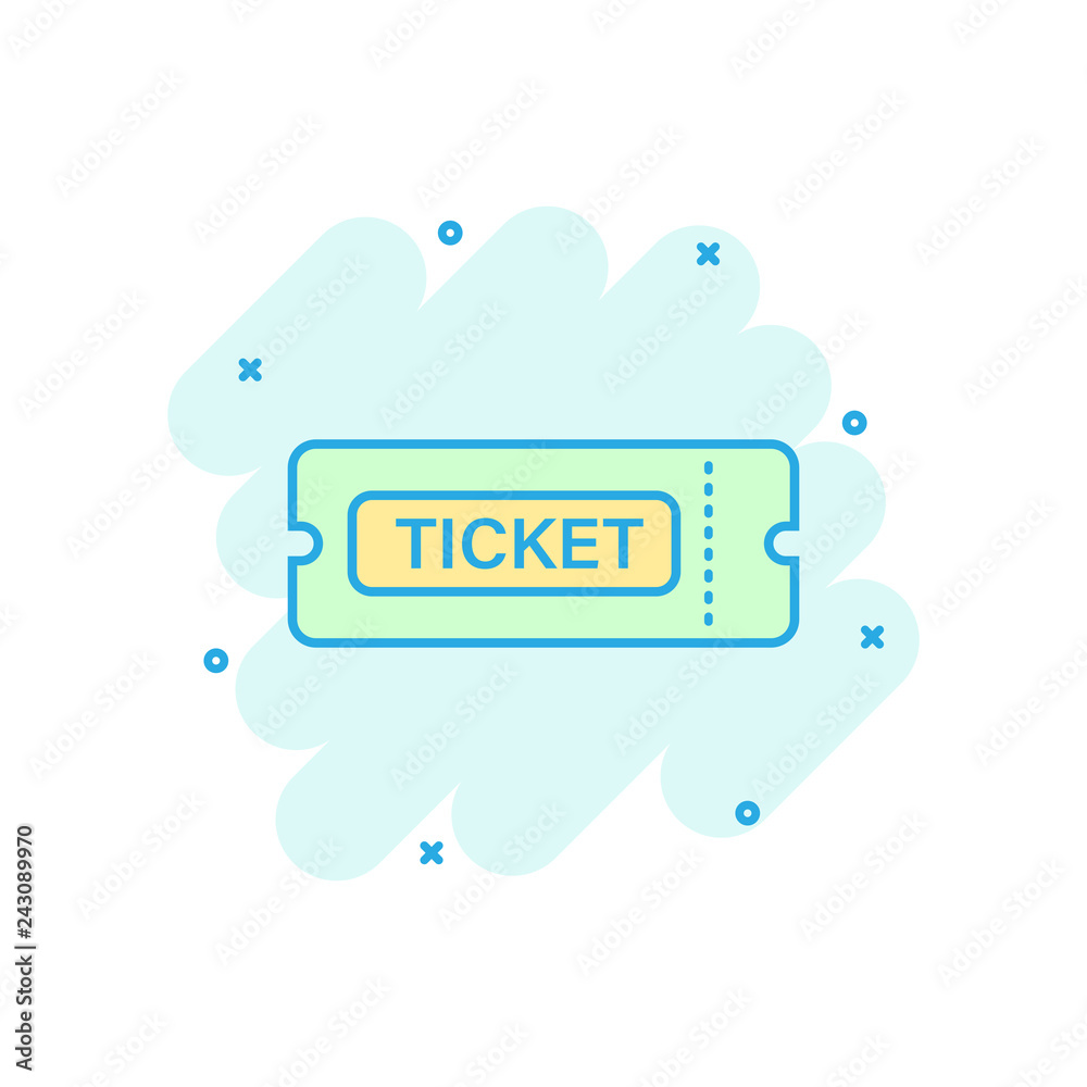 Cinema ticket icon in comic style. Admit one coupon entrance vector cartoon illustration pictogram. Ticket business concept splash effect. Cinema ticket icon in comic style. Admit one coupon entrance vector cartoon illustration pictogram. Ticket business concept splash effect.
