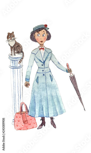 Cartoon Illustration of baby sitter with umbrella, suitcase and cat on a column photo