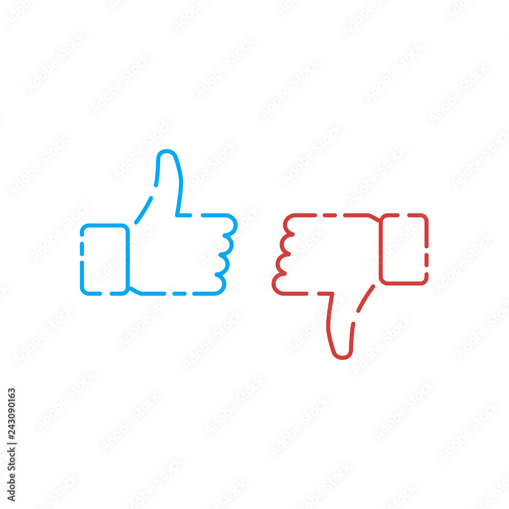 Vector illustration set of like and dislike line icons.Thumbs up and thumbs down. Vector illustration set of like and dislike line icons.Thumbs up and thumbs down.