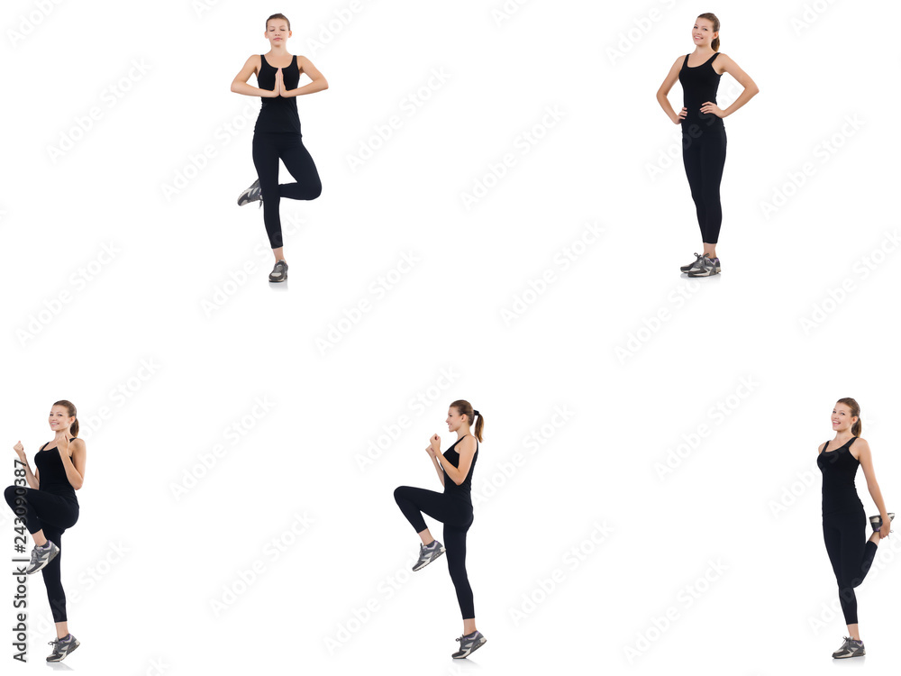Young woman doing exercises isolated on white 