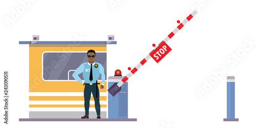 uniformed officer or protective agent near security cabin and gate with alarm,