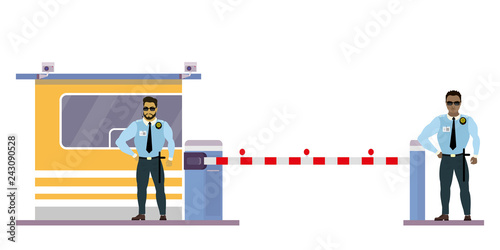 uniformed officer or protective agent near security cabin and gate