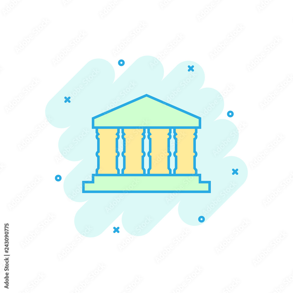 Bank building icon in comic style. Government architecture vector cartoon illustration pictogram. Museum exterior business concept splash effect. Bank building icon in comic style. Government architecture vector cartoon illustration pictogram. Museum exterior business concept splash effect.