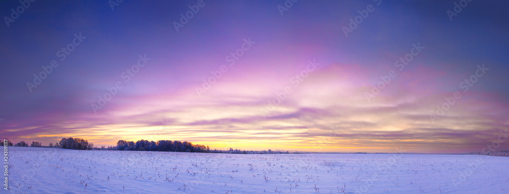 winter landscape panorama with sunrise