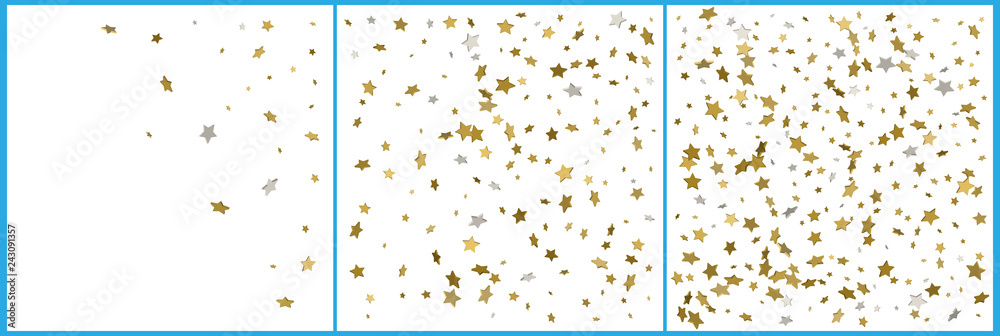3d gold and silver stars confetti celebrations. Simple festive modern design.