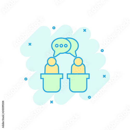 Politic debate icon in comic style. Presidential debates vector cartoon illustration pictogram. Businessman discussion business concept splash effect.