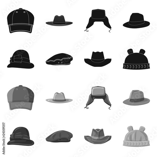 Isolated object of headgear and cap icon. Collection of headgear and accessory vector icon for stock.