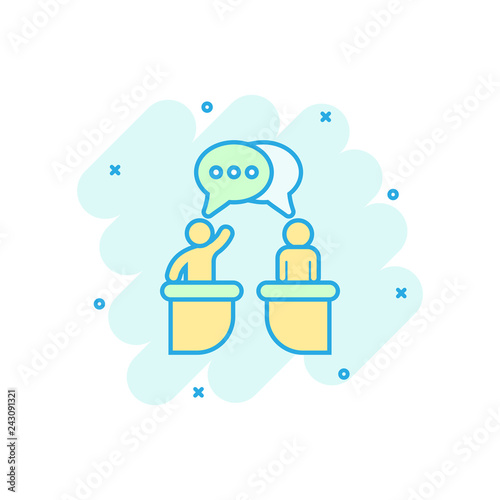 Politic debate icon in comic style. Presidential debates vector cartoon illustration pictogram. Businessman discussion business concept splash effect.