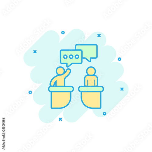 Politic debate icon in comic style. Presidential debates vector cartoon illustration pictogram. Businessman discussion business concept splash effect.