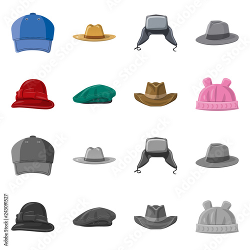 Vector design of headgear and cap sign. Set of headgear and accessory stock symbol for web.