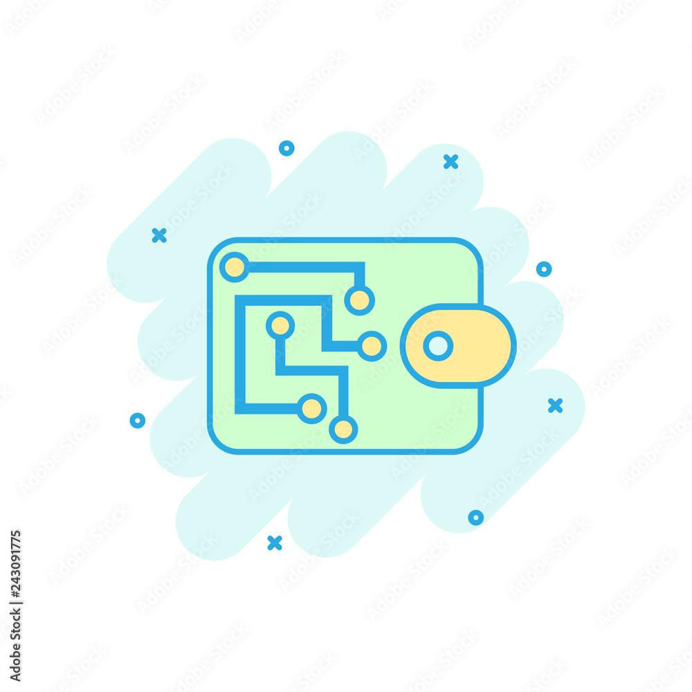 Digital wallet icon in comic style. Crypto bag vector cartoon illustration pictogram. Online finance, e-commerce business concept splash effect. Digital wallet icon in comic style. Crypto bag vector cartoon illustration pictogram. Online finance, e-commerce business concept splash effect.