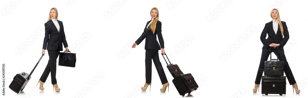 Businesswoman with suitcase isolated on white Businesswoman with suitcase isolated on white