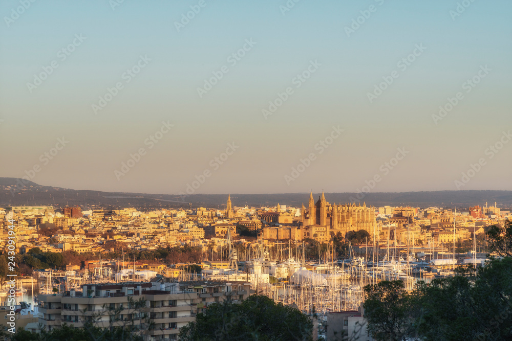 Aerial view of Palma de Mallorca at the sunset, Balearic islands, Spain