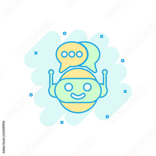 Cute robot chatbot icon in comic style. Bot operator vector cartoon illustration pictogram. Smart chatbot character business concept splash effect.