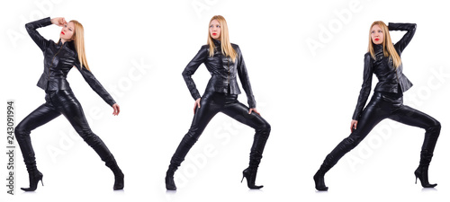 Dancing woman in black leather costume