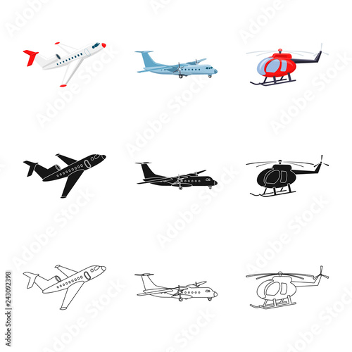 Vector design of plane and transport sign. Set of plane and sky vector icon for stock.
