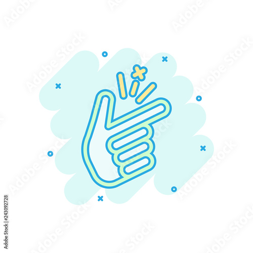 Finger snap icon in comic style. Fingers expression vector cartoon illustration pictogram. Snap gesture business concept splash effect.