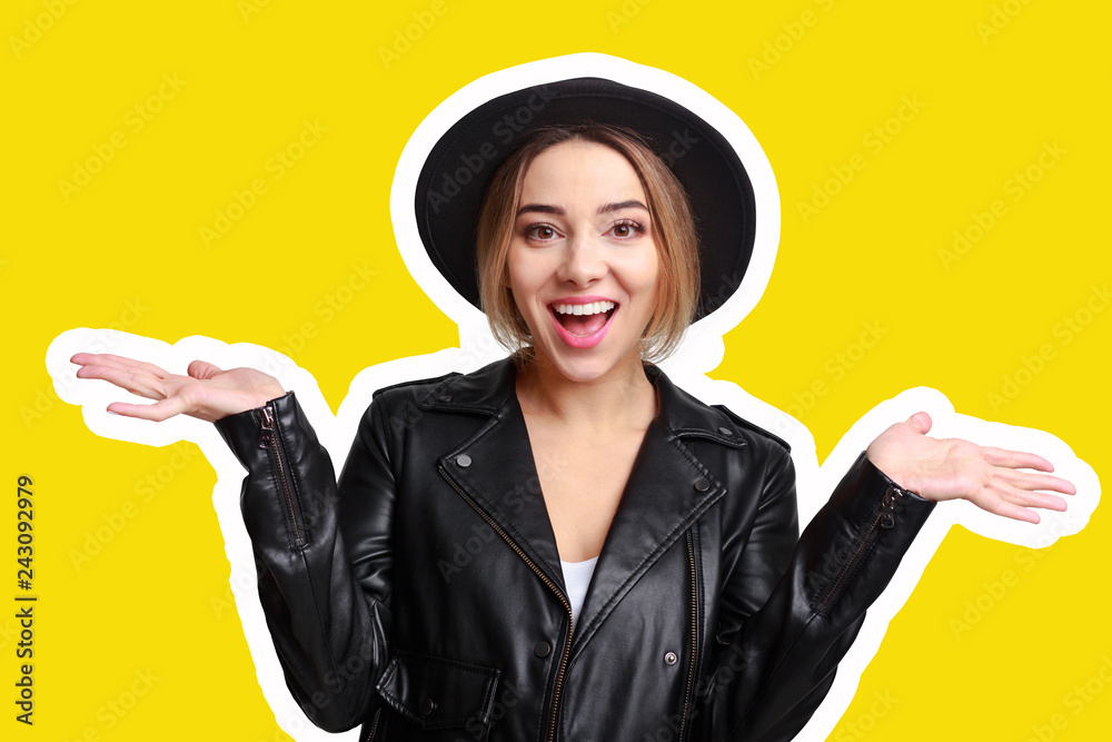 Magazine style with emotional woman on background Magazine style with emotional woman on background