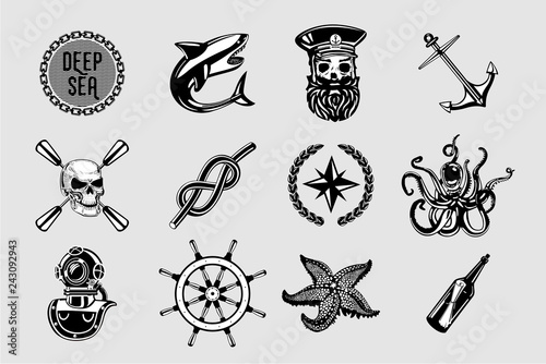 Nauitical icons set. Vintage marine signs collection with sailing elements. Sailor tattoo vector design.