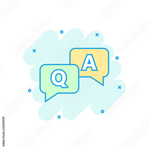 Question and answer icon in comic style. Discussion speech bubble vector cartoon illustration pictogram. Question, answer business concept splash effect.