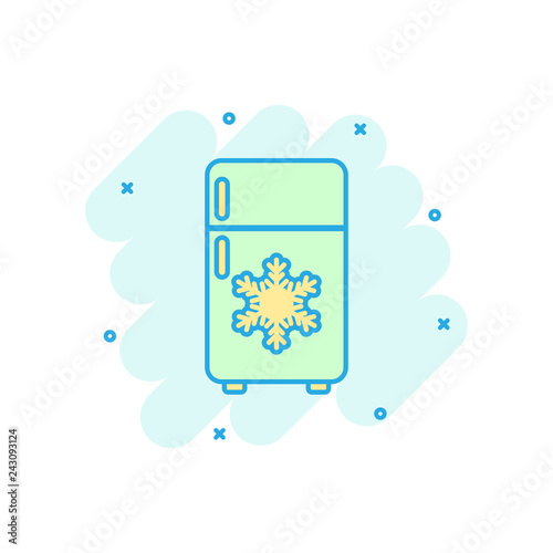 Fridge refrigerator icon in comic style. Freezer container vector cartoon illustration pictogram. Fridge business concept splash effect.