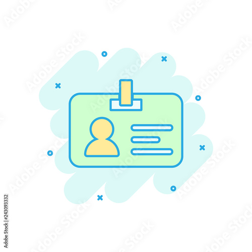 Id card icon in comic style. Identity badge vector cartoon illustration pictogram. Access cardholder people business concept splash effect.