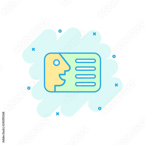 Id card icon in comic style. Identity badge vector cartoon illustration pictogram. Access cardholder people business concept splash effect.