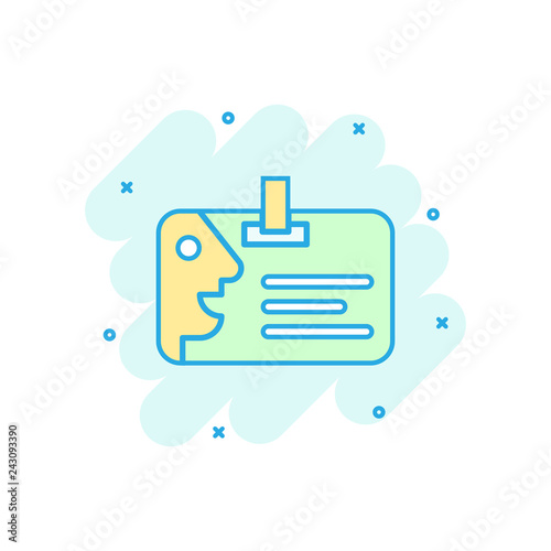 Id card icon in comic style. Identity badge vector cartoon illustration pictogram. Access cardholder people business concept splash effect.