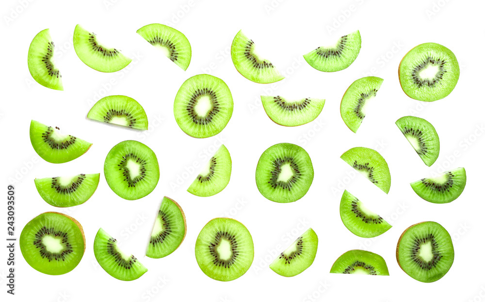 Top view of sliced kiwi on white background . Top view of sliced kiwi on white background .