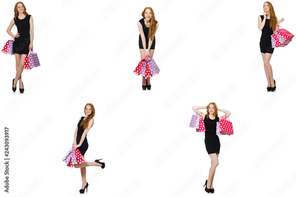 Young woman wth bags in shopaholic concept 