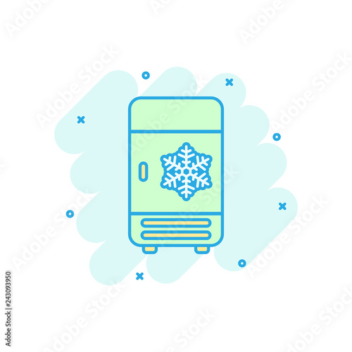 Fridge refrigerator icon in comic style. Freezer container vector cartoon illustration pictogram. Fridge business concept splash effect.