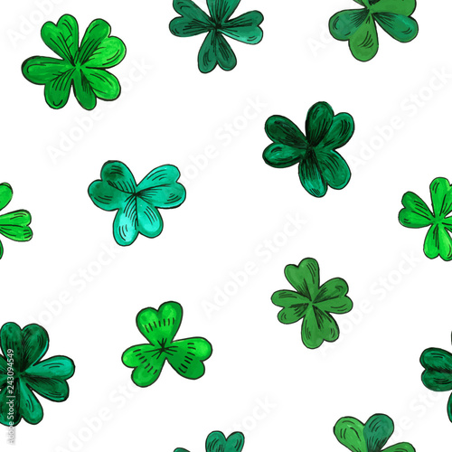 Seamless vector pattern for St. Patrick day. Hand drawn watercolor clover leaves isolated on a white background. 