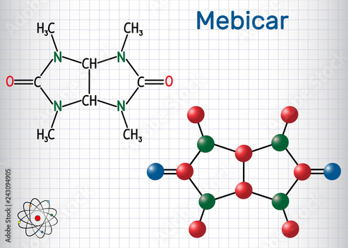 Mebicar (mebicarum) anxiolytic drug molecule. Sheet of paper in a cage. Structural chemical formula and molecule model