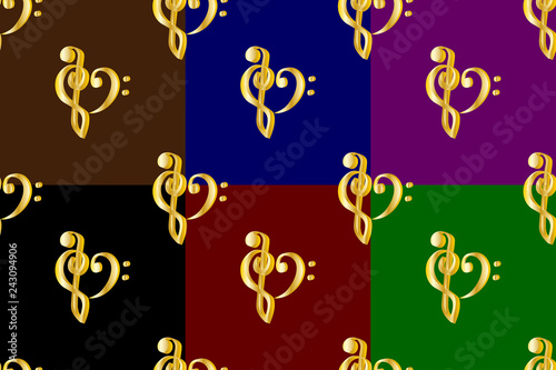 Golden heart - violin and bass clef - seamless pattern, Bass and treble clef, heart ( black, red, white, blue, purple, green ) background,
