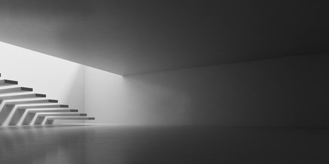 3D stimulate of concrete interior space with sun light cast the stair shadow on the wall and floor,Perspective of minimal design architecture,3d rendering	