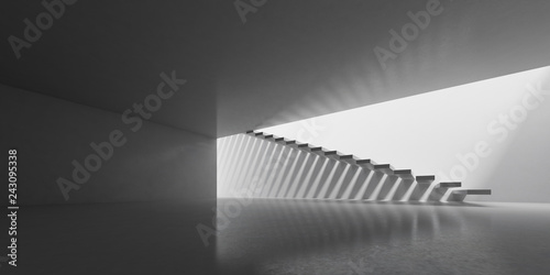 3D stimulate of concrete interior space with sun light cast the stair shadow on the wall and floor,Perspective of minimal design architecture,3d rendering 