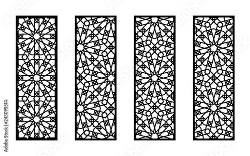Set of decorative vector panels for laser cutting. Template for interior partition in arabesque style. Aspect ratio 1:3 