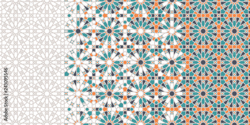 Arabesque seamless vector pattern. Geometric halftone texture with color tile disintegration or breaking
