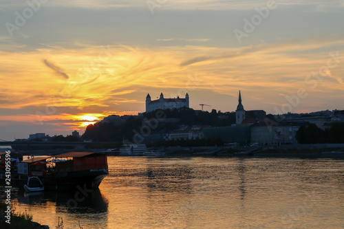 BRATISLAVA, SLOVAKIA - AUGUST 13, 2018: View on Bratislava castle and old town over the river Danube in Bratislava, Slovakia