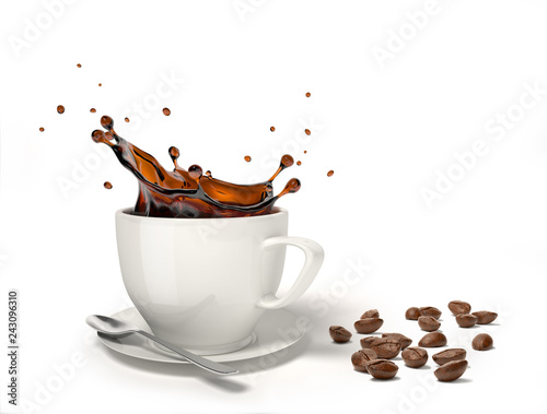 Liquid coffee splash in a white cup on saucer and spoon.